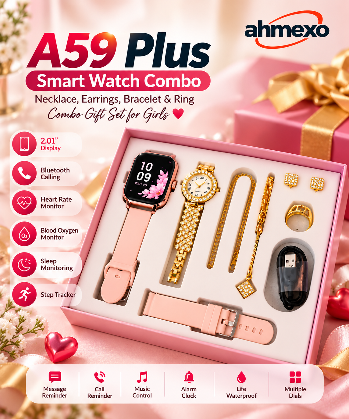 A59 Plus Smart Watch Combo Gift Set for Girls – Necklace, Earrings, Bracelet & Ring | Bluetooth Calling & Fitness Tracker