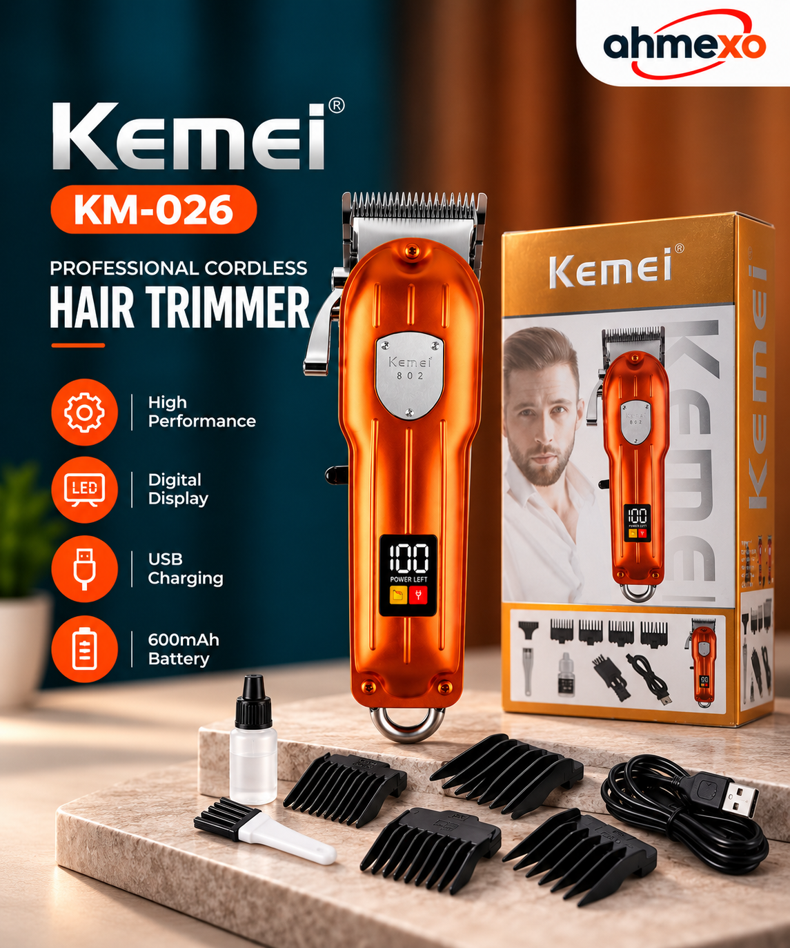 Kemei KM-026 Professional Cordless Hair Trimmer – Digital Display, USB Rechargeable & Precision Cutting